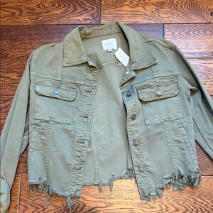 Modern Olive Green Frayed Hem Jean Jacket - Women